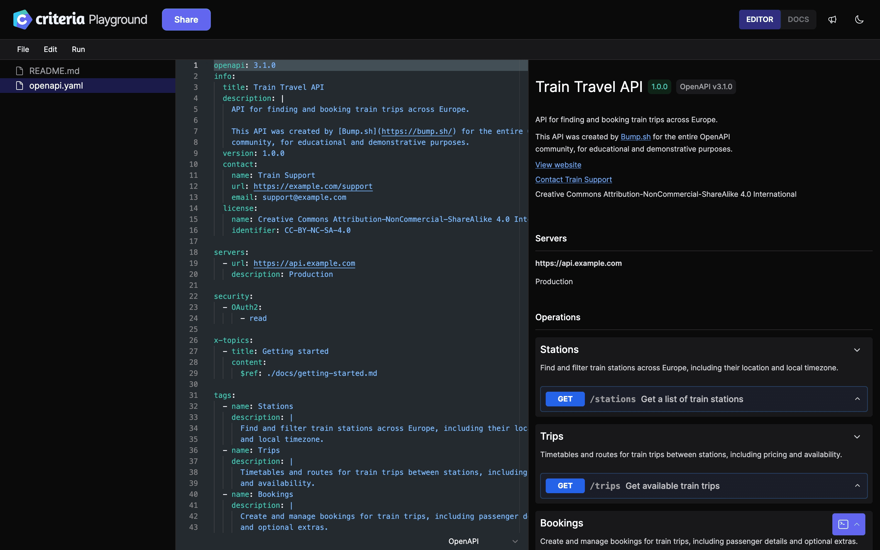Criteria Playground: editor view