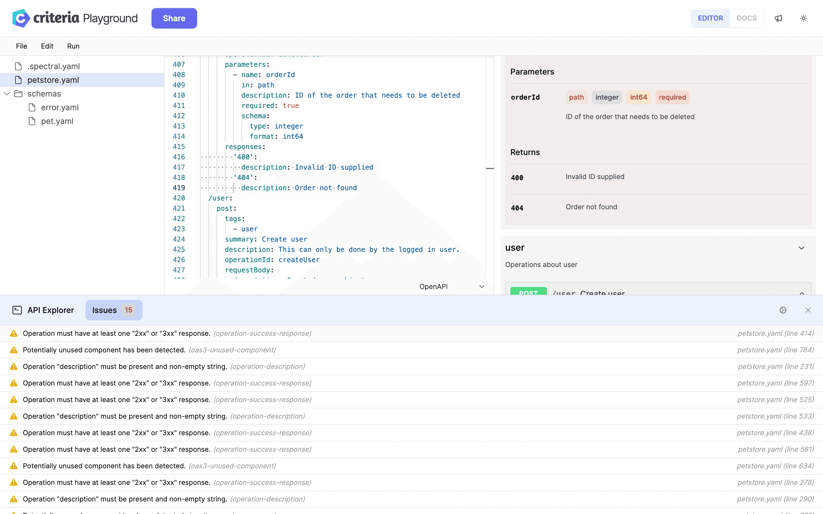 Criteria Playground: issues view